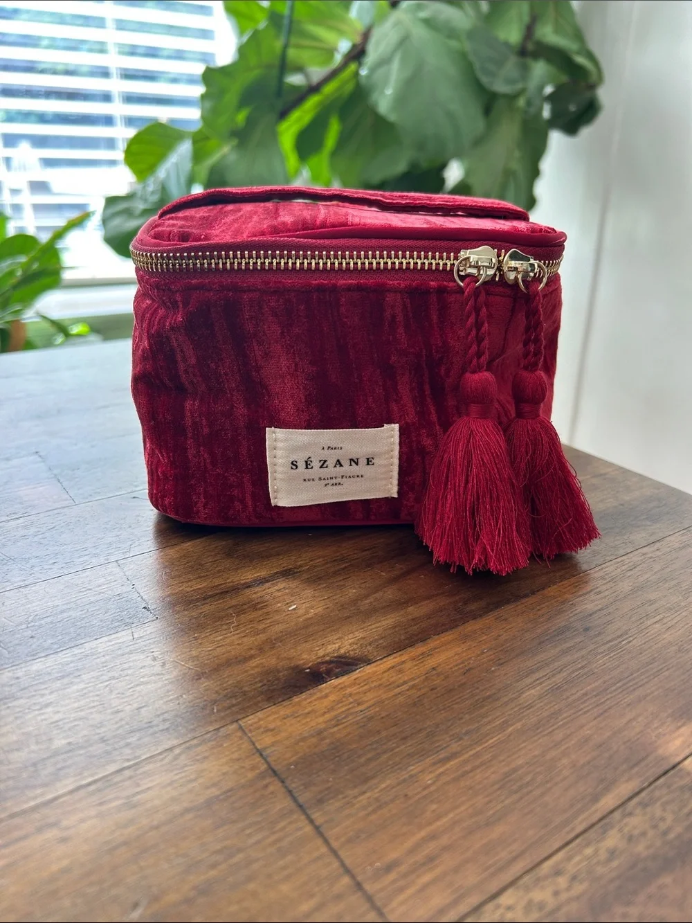 Sézane Mini Vanity Red Crushed Velvet Zip Cosmetic Makeup Case Tassel Zipper